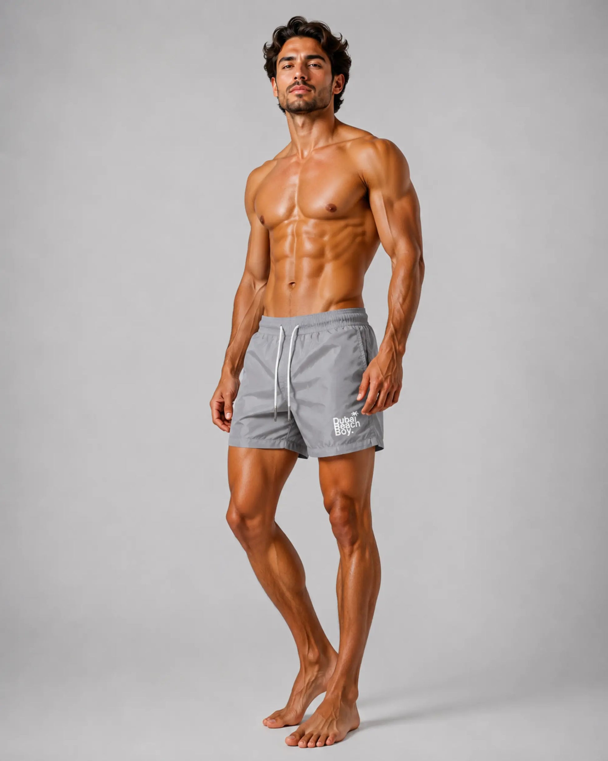 Dubai Beach Boy silver grey swim shorts right side model pose