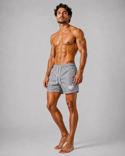 Dubai Beach Boy silver grey swim shorts right side model pose